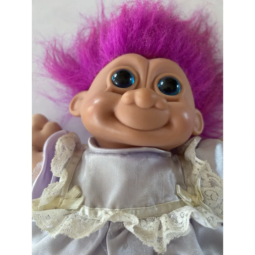 Russ Berrie Vintage Troll Doll Purple Satin Dress Purse Soft Body Blue Eyes 3330